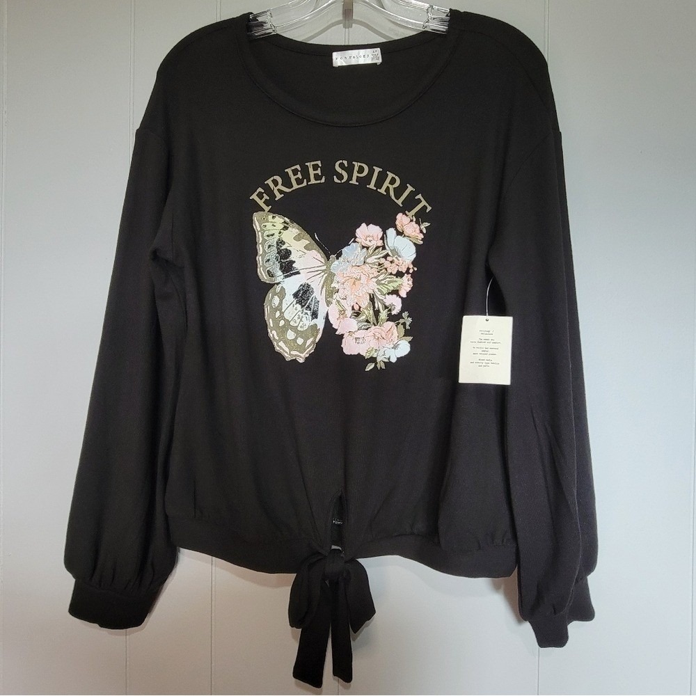 Retrology Free Spirit Butterfly Floral Tie Front Graphic Top Black Small NEW